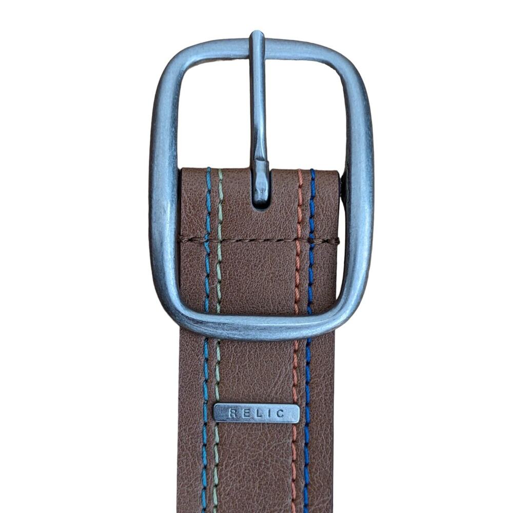 Y2K Relic x Fossil XL Belt Mocha Rainbow Stitching Faux Leather Silver Studs 40"